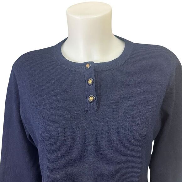 St. John Sport Santana Knit Navy Sweater SJ Buttons Multi color Patch Trim sz S - Picture 2 of 10